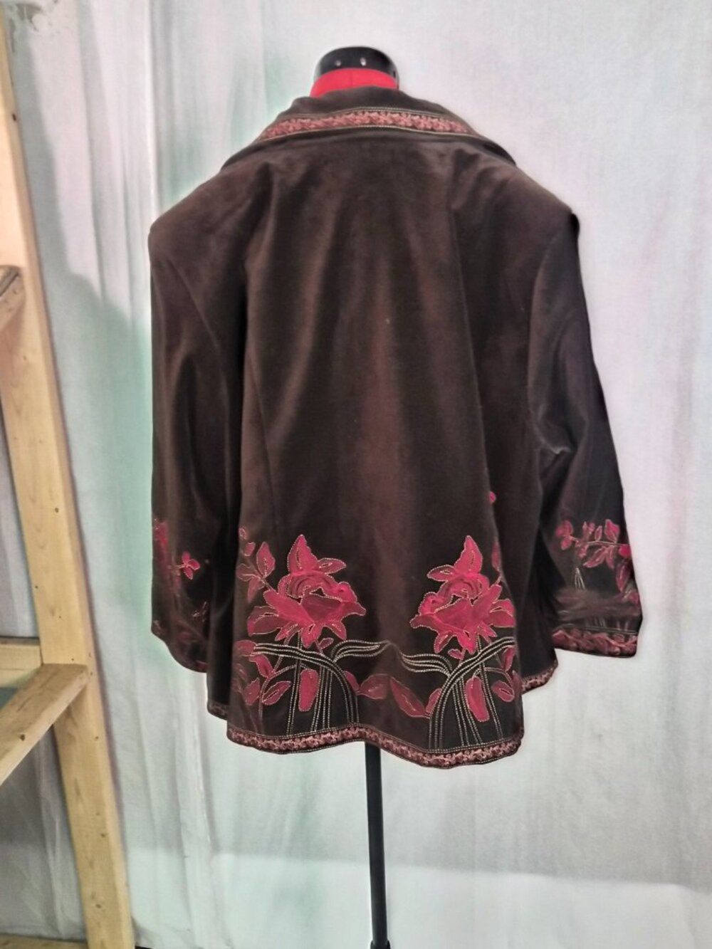 Nygard Collection Brown Embroidered Velvet Johnny Jacket Blazer Floral Trim 24 - Picture 4 of 11
